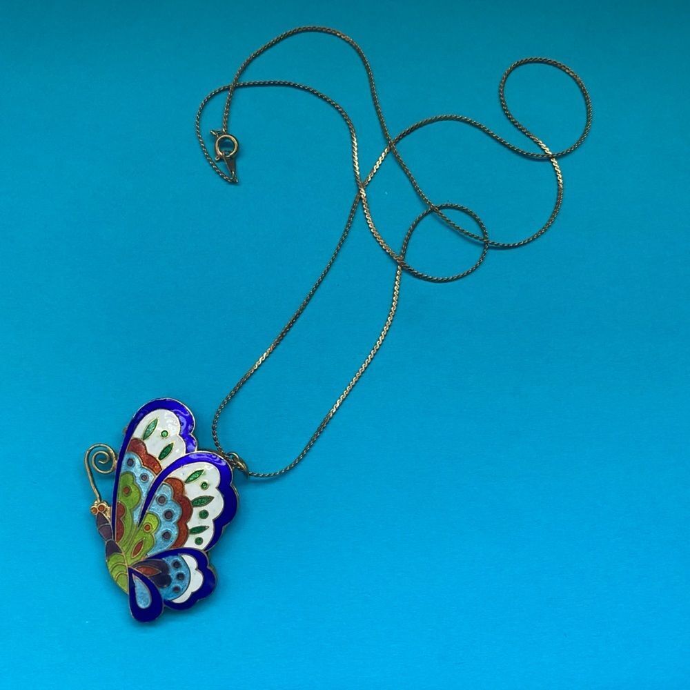 70s butterfly pendant gold tone necklace cloisonne enamel blue green vintage EUC - Picture 10 of 14